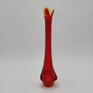 Vtg MCM Viking Glass Ruby Red 15" Tall Swung Vase Art Yellow Lip Accent Decor